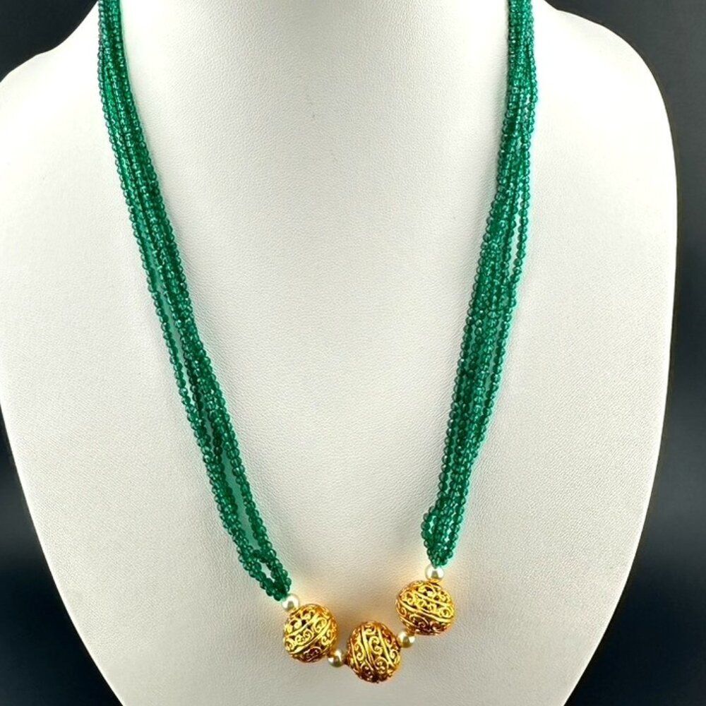 Indian Bollywood Emerald Green Bead Gold Tone Strand Necklace Ethnic Wedding